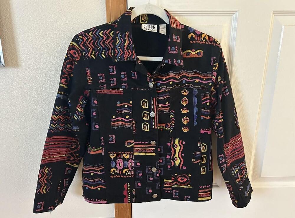 Vintage 90s Chico's Cropped Jacket | Abstract Southwestern Print, Size 0